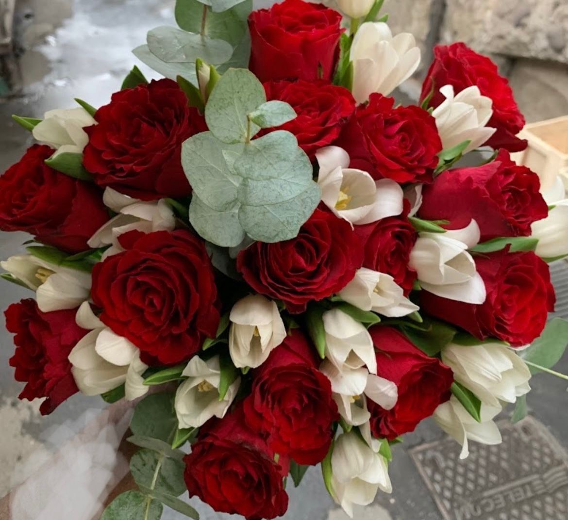 White tulips, red roses